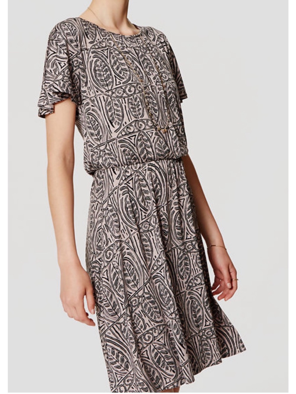 LOFT Super Soft Dusty Pink Purple Dress with Black Geometric Print